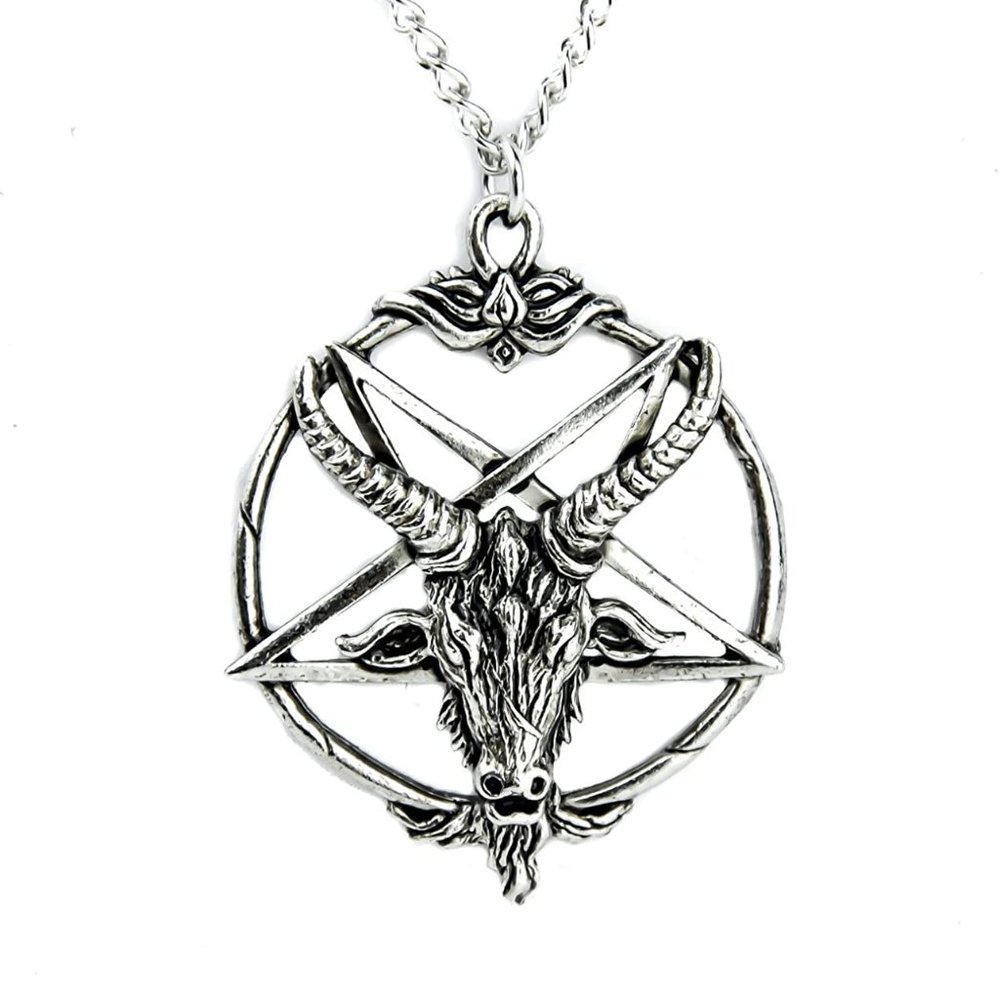 Baphomet Inverted Pentagram Silver Necklace Pendant Goat Head Occult Metal Goth